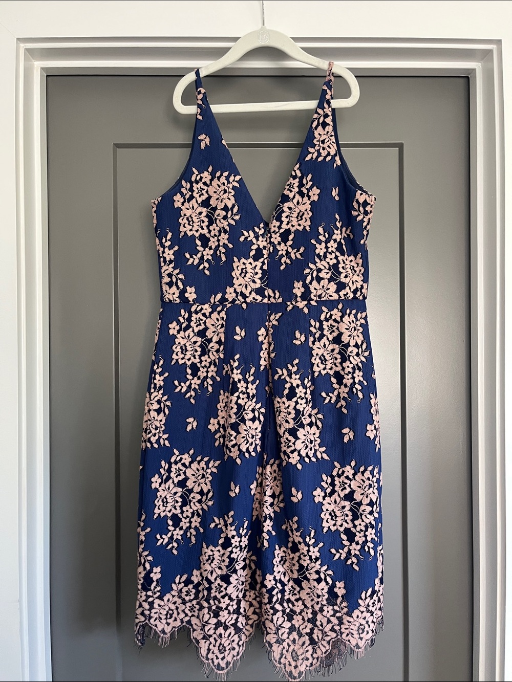 Blue Floral Lace Slip Dress with Pink Floral Appliqué - Picture 2 of 7